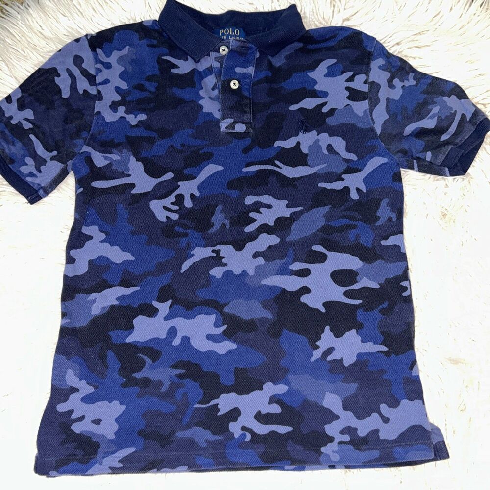 Boys 10/12 Medium Polo Ralph Lauren Camo Polo Shirt Blue Embroidered Logo
